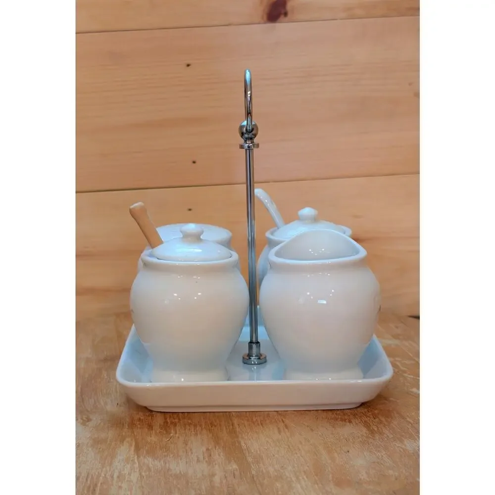 Pottery Barn Great White 5-Piece Condiment Set with Chrome Caddy - Unused